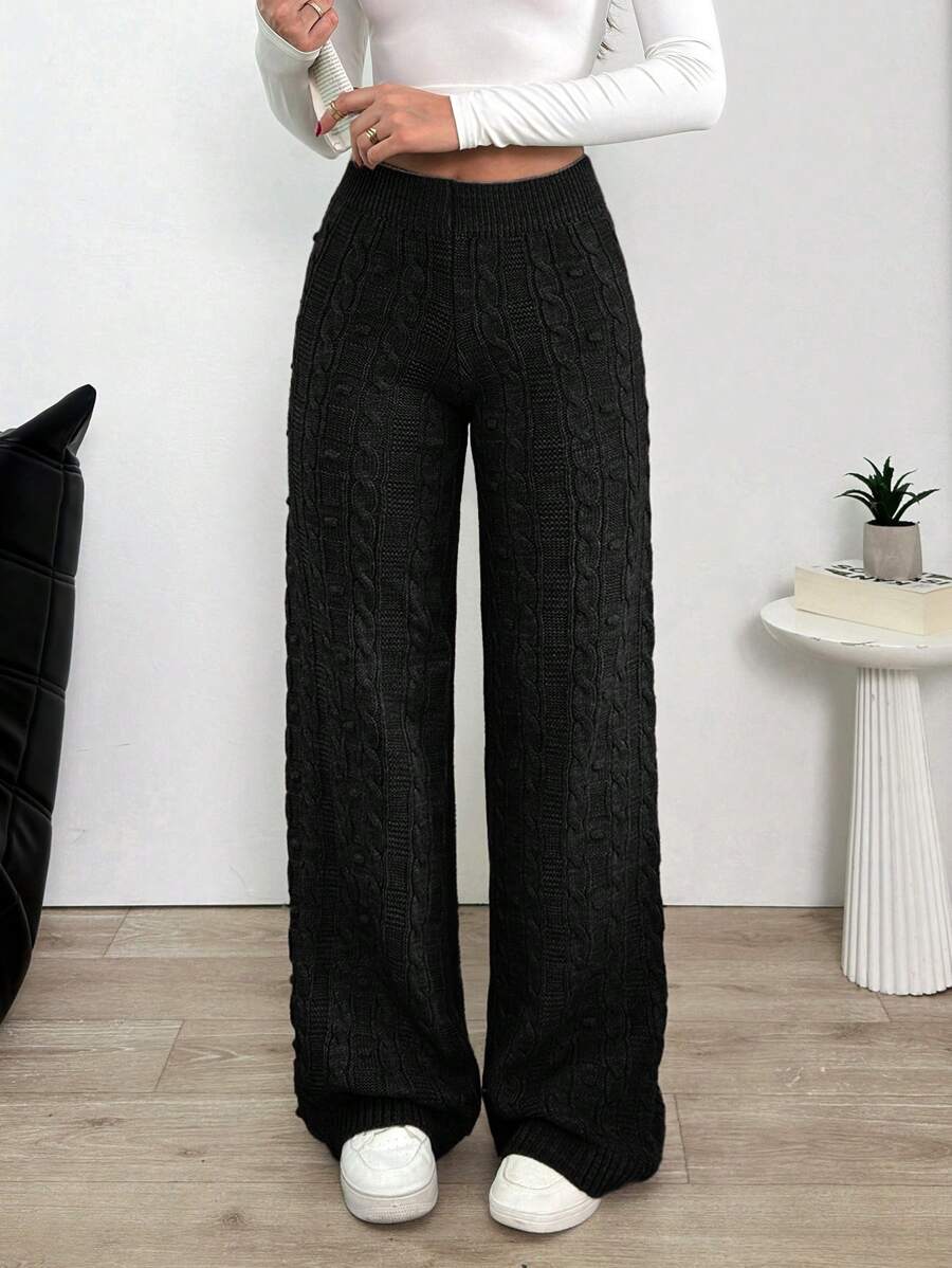 SHEIN Tall Cable Knit Wide Leg Sweater Pants, Casual Everyday Style - Black - View 1
