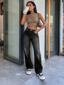 EURMUSE HIGH RISE STRAIGHT CUT Y2K STYLE JEAN - Black - View 3