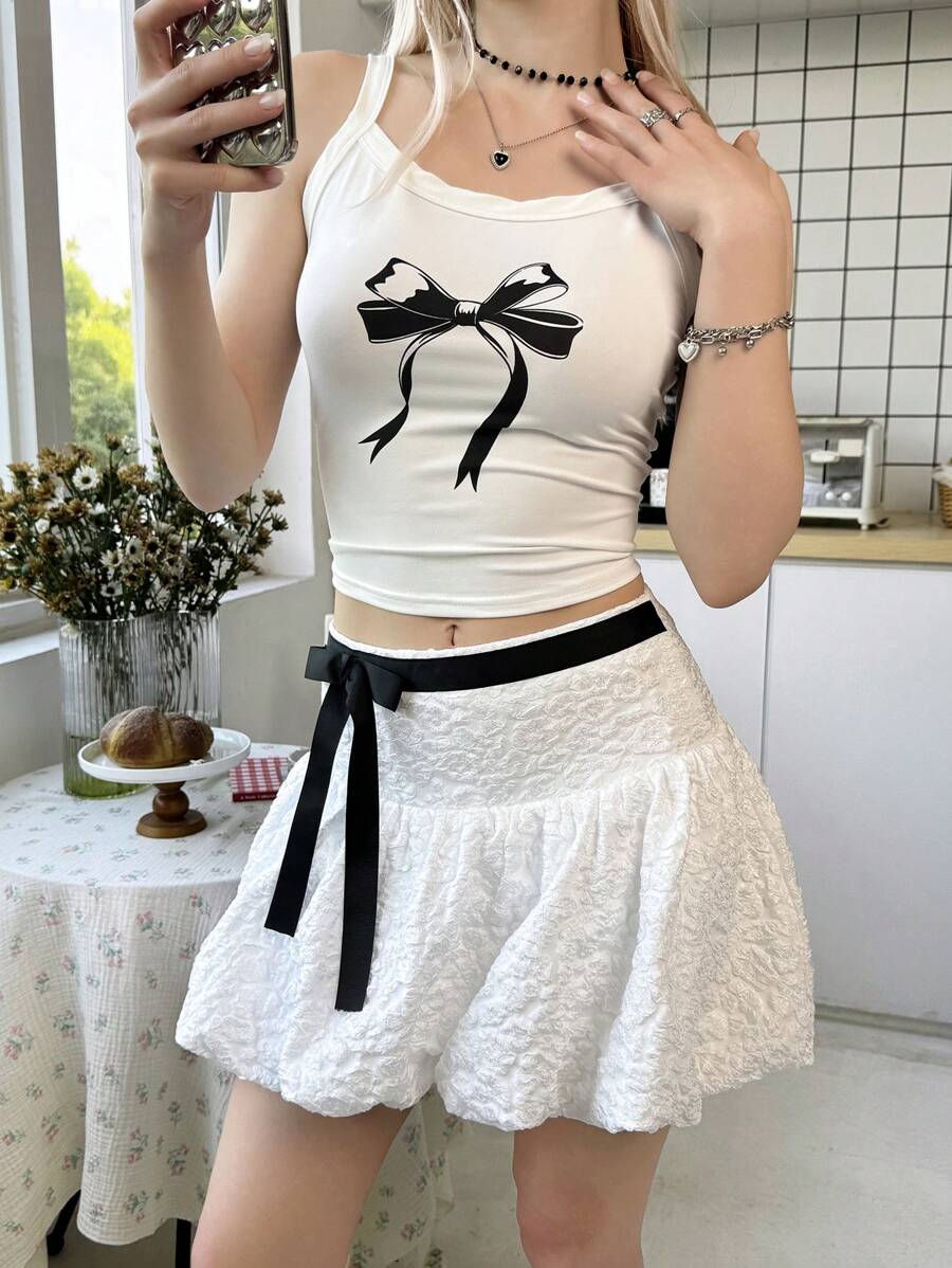 SHEIN 少女提花针织大蝴蝶结撞色白色南瓜裙 - 白色 - 查看 1