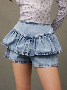 WESTFADE 荷叶边弹力腰部酸洗牛仔短裤 - 藍色 - 查看 5