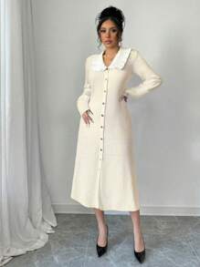 SHEIN Unity 全新设计淑女花卉拼接色块中长款收腰泡泡袖修身针织毛衣连衣裙 - 杏色 - 查看 5