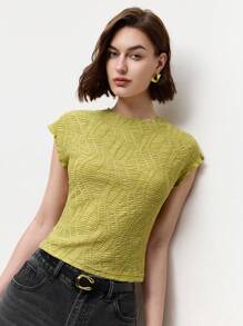 BizChic Women's Basic Round Neck Textured Fabric T-Shirt, Essential Top For Outings, Office, Business Casual, Autumn