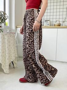 SHEIN Teen Girl Loose Casual Minimalist Comfortable Leopard Print Tie Belt Decorated Bow Casual Pants - Black - View 1