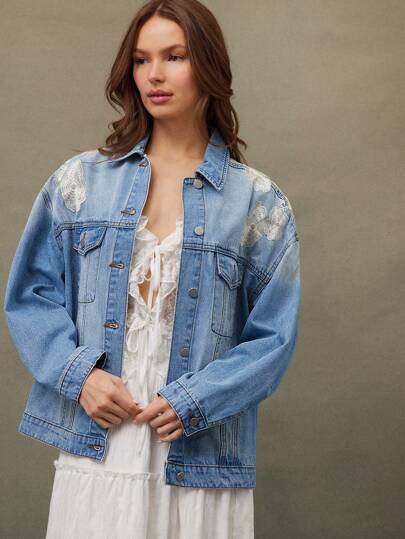 WESTFADE Floral Embroidered Oversized Denim Boyfriend Trucker Jacket For Cowgirl