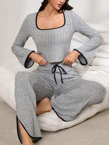 Contrast Color Striped Knit Casual Women Home Suit - Grey - View 1