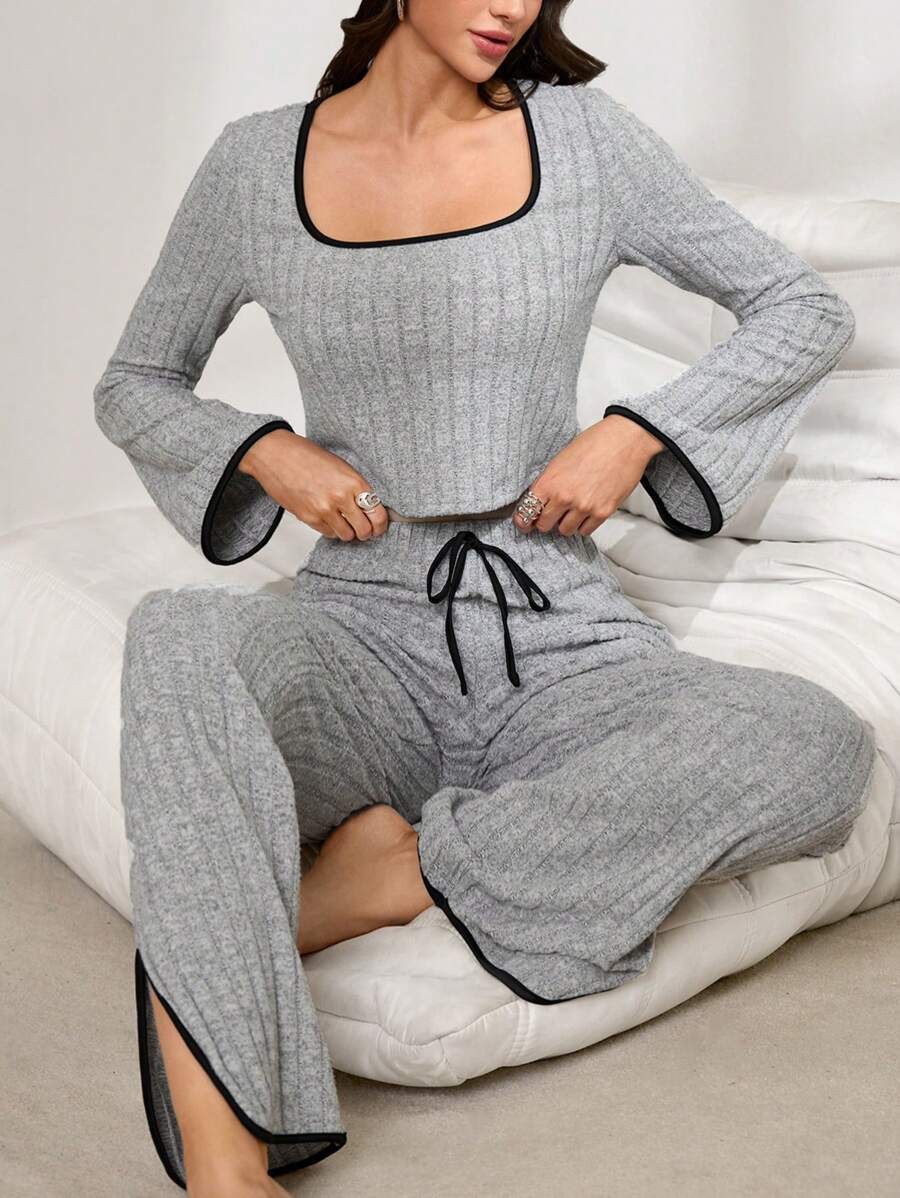 Contrast Color Striped Knit Casual Women Home Suit - Grey - View 1