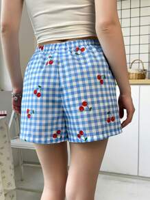 SHEIN 少女休闲中腰樱桃图案格子短裤 - 藍色 - 查看 4