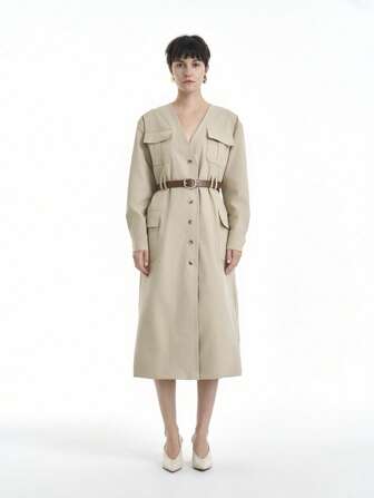 Aalyst Vestido casual feminino de cor sólida com decote em V e manga comprida com abotoamento único