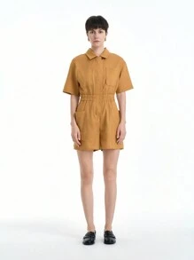 SHEIN Clasi Women Elegant Chic Casual Comfortable Short Sleeve Lapel Open Front Elastic Waist Drawstring One-Piece Jumpsuit With Large Pockets, Solid Color - Yellow - View 1