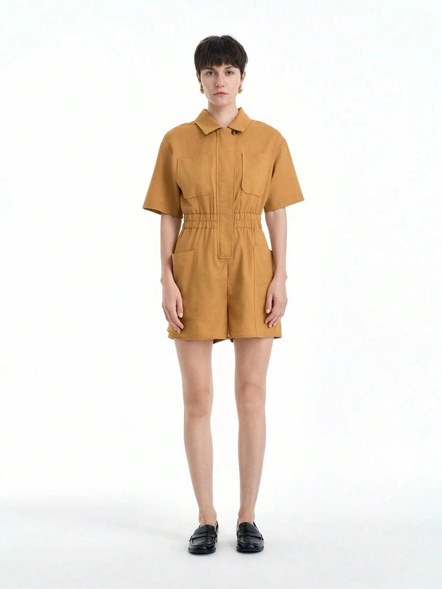 SHEIN Clasi Women Elegant Chic Casual Comfortable Short Sleeve Lapel Open Front Elastic Waist Drawstring One-Piece Jumpsuit With Large Pockets, Solid Color - Yellow - View 1