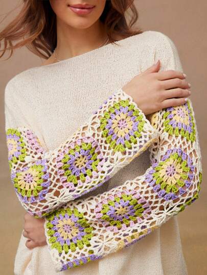 WESTFADE Summer Vacation Boatneck Mixed Media Faux Crochet Geo Pattered Long Sleeve Sweater Festival