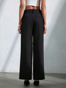 SHEIN Privé Women's Elegant Fashion Versatile Commuter Professional Casual Wide Leg Pants With Belt Design Fall Cloth For Women - Black - View 3