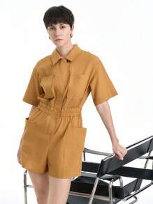 SHEIN Clasi Women Elegant Chic Casual Comfortable Short Sleeve Lapel Open Front Elastic Waist Drawstring One-Piece Jumpsuit With Large Pockets, Solid Color - Yellow - View 6