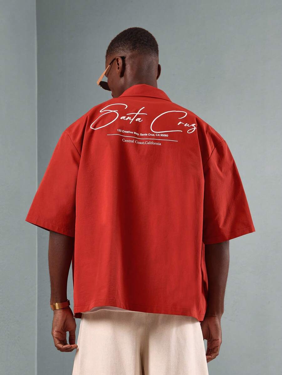 SUMWON Casual Oversized Button-Up Shirt Santa Cruz California Graphic Print Back Design Summer Beach Vacation Resort Wear Streetwear Statement Shirt - Red - View 1