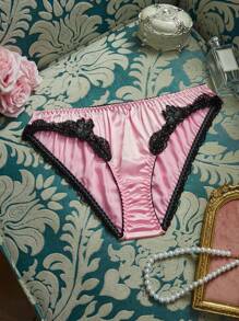 Women's Retro Palace Satin Lace Patchwork Triangle Panties - Pink - View 8
