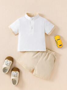 SHEIN 2 pièces/Set Polo Shirt Pull-over Manches Courtes Tissé Casual Extérieur T-Shirt + Short de Sport Ample Couleur Unie Convenant aux Garçons au Printemps et à l'Automne - Multicolore - Voir 8