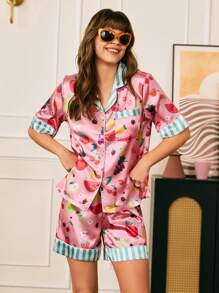Chillnights Conjunto de pijama de estampado de fruta de verano adorable y de moda para mujeres