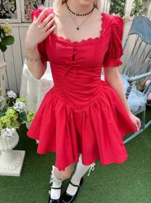 SHEIN Teen Girl And Elegant Square Neck Ruffled Sleeve Lace Panel Dress - Red - View 1