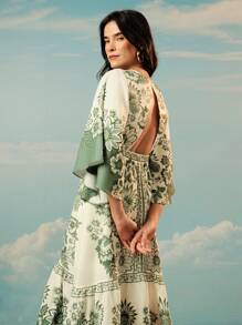 CAJUNI Women's Bohemian Tropical Floral Print, V-Neck Batwing Sleeve Backless Casual Dress, Vacation Style, Beige