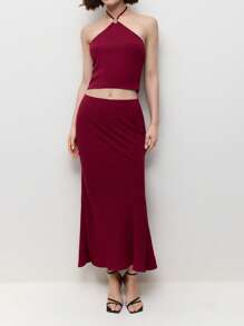 BizChic Red Elegant Women's Halter Long Top And Skirt Set, 2 Pieces, Suitable For Dates In Spring And Summer - Red - View 7