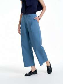 Aalyst 女士休闲舒适阔腿直筒纯色裤，适合工作和日常穿着 - 藍色 - 查看 5