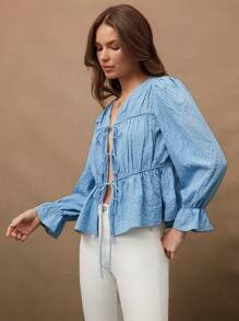 WESTFADE 可爱纹理格纹长款泡泡袖荷叶边系带上衣 90 年代服饰 - 淺藍色 - 查看 4