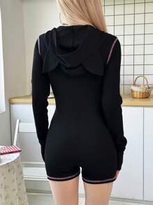 SHEIN Bộ đồ liền thân dệt kim màu tương phản có mũ trùm đầu phía trước hở tai thoải mái cho bé gái tuổi mới lớn - màu đen - Xem 4