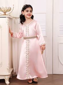 SHEIN Vestido de fiesta de manga larga de satén para niña, elegante en color rosa