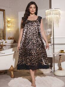 Embroidered Lace Patchwork Design Leopard Print Plus Size Faux Silk Long Dress - Multicolor - View 6
