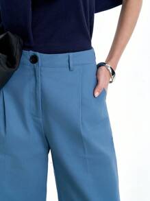 Aalyst 女士休闲舒适阔腿直筒纯色裤，适合工作和日常穿着 - 藍色 - 查看 3