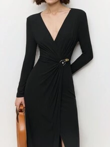 BizChic Black Elegant V-Neck Ruffle Metal Button Closure Long Sleeve Dress For Women, Spring/Summer