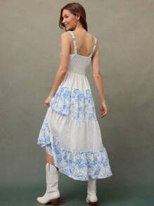 WESTFADE Spring Summer Mixed Floral Pattern And Eyelet Embroidery Smocked Sleeveless Fit And Flare Dress 90s Dress - Blue - View 2