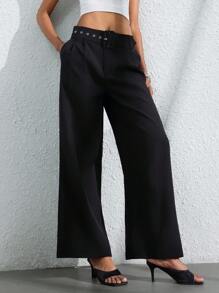 SHEIN Privé Women's Elegant Fashion Versatile Commuter Professional Casual Wide Leg Pants With Belt Design Fall Cloth For Women - Black - View 5