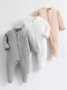 3pcs/Set Newborn Simple Fashion Solid Color Combo Long Sleeve Jumpsuit Loungewear Set - Multicolor - View 1