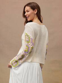 WESTFADE 夏季假期船领混合媒体仿钩针几何图案长袖毛衣节 - 杏色 - 查看 3