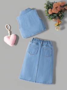 SHEIN 年轻女孩牛仔套装，新款简约百搭洗水牛仔套装 - 中等水洗藍 - 查看 2