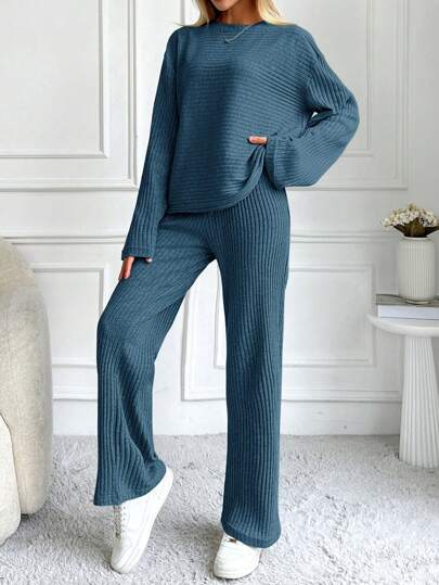 Cotton Women's Solid Color Round Neck Casual Long Sleeve Top And Pants Set