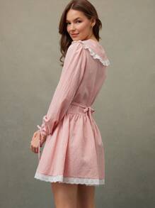 WESTFADE Spring Cowgirl Western Gingham Checkered Plaid Ruffle Lace Collar Puff Sleeve Bow Back Mini Dress - Red and White - View 5