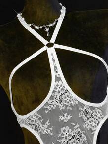 SHEIN Fluorescent Women Hollow Out Sexy Catsuit For Going Out BridalLingerie - White - View 4