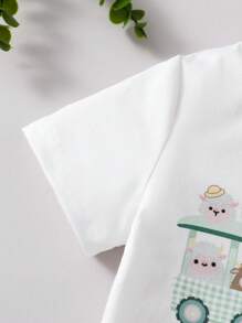 SHEIN Set de 2 piezas de pijama cómodo para niño/bebé: Camisa de manga corta con estampado verde a cuadros y de animales, y pantalones cortos - Verde - Ver 4