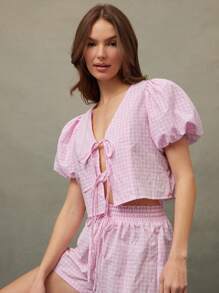 WESTFADE Cowgirl Gingham Checkered Plaid V Neck Bow Front Short Puff Sleeve Lounge Crop Top Spring Break Vacation - Pink - View 5
