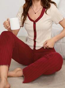 Lazeform Conjunto de pijama informal de mujer con recorte de volantes en contraste de color
