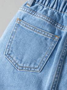 SHEIN 年轻女孩牛仔套装，新款简约百搭洗水牛仔套装 - 中等水洗藍 - 查看 6