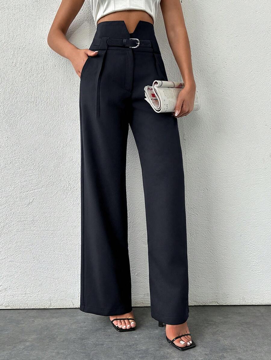 SHEIN Tall Tall Black Slit Waist Straight Pants - Hitam - View 1