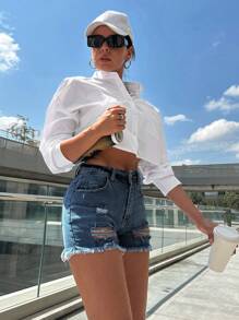 EURMUSE 98%Cotton Ripped Raw Hem Denim Shorts - Blue - View 3