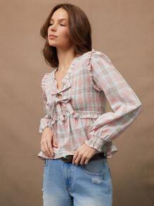 WESTFADE Summer Plaid Ruffle V Neck Bow Front Babydoll Peplum Long Sleeve Western Top - Multicolor - View 5