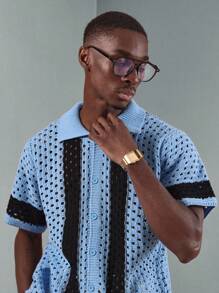 SUMWON Crochet Knit Polo Shirt Summer Beach Casual Retro Pattern Block Design Vintage Style Button Front Streetwear Resort Wear Vacation Ready Fashionable