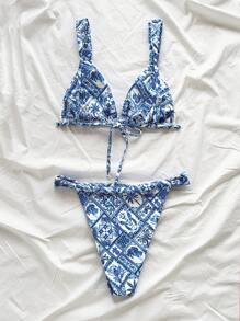 Soleia Conjunto de bikini con parches florales para mujer, en tono azul, para usar de vacaciones - Multicolor - Ver 2