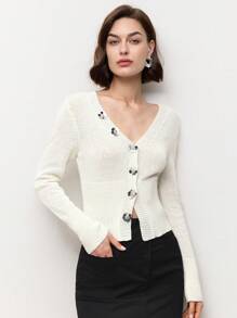 BizChic White Long Sleeve V-Neck Beaded Floral Decor Cardigan For Women, Suitable For Dates, Spring/Summer