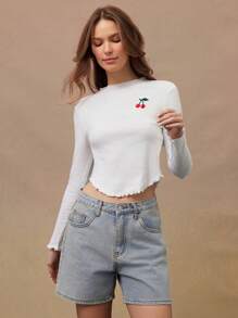 WESTFADE Spring Summer Embroidered Cherry Graphic Crewneck Long Sleeve Tee Cowgirl - White - View 5